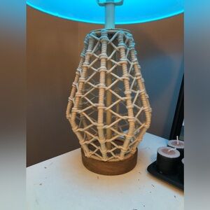 Coastal BOHO style macrame woven Table Lamp with Wooden Base